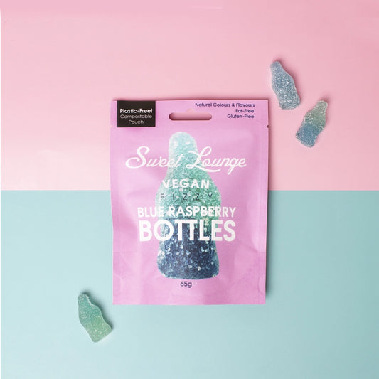 Vegan Fizzy Blue Raspberry Bottles (Plastic-free) 65g